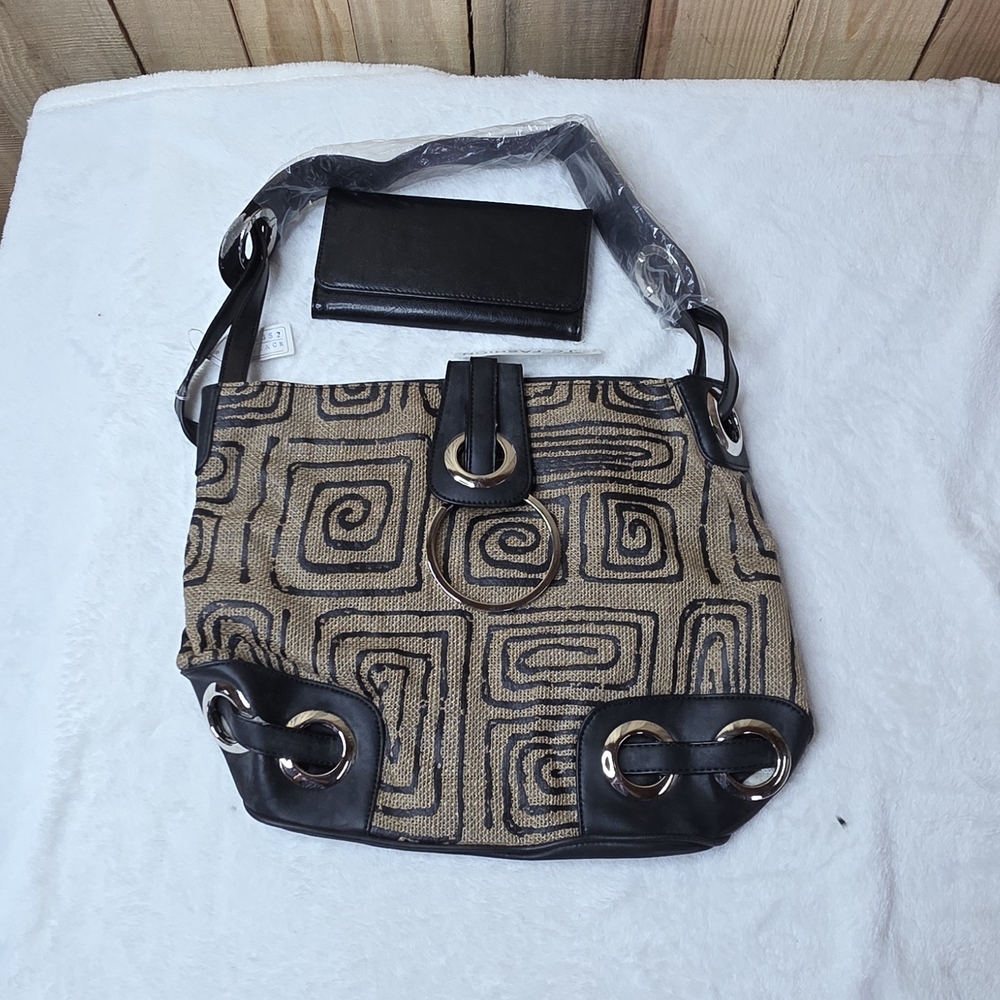 Geometric Patterned Black and Brown Shoulder Bag Wallet Bundle Set